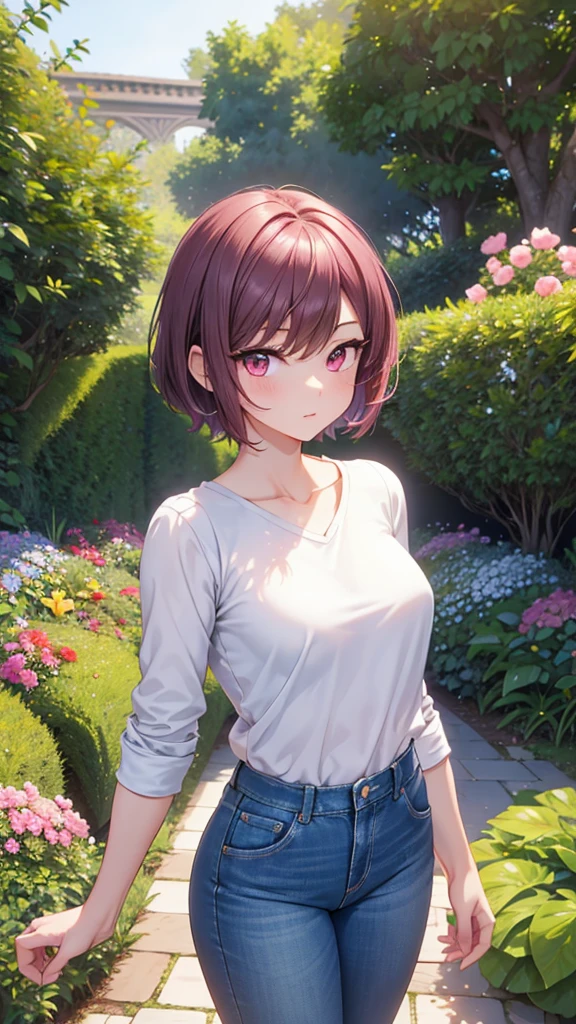 A 30 year old anime woman, short hair, pink eyes, medium chest, athletic body, dressed in a small light blue blouse showing her shoulders, blue jeans, posing in a garden of plants