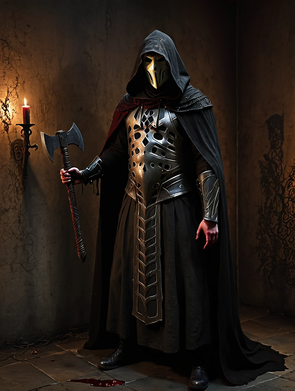 A gothic executioner in a dimly lit chamber, wearing a blood-stained black hood and cloak, holding a rusted axe. Detailed cobwebs cover the walls, and eerie shadows dance in the flickering candlelight. The executioner's face is masked, but his eyes gleam with a sinister intent. The atmosphere is filled with the scent of dampness and decay. The scene is rendered in a dark, moody style reminiscent of classical oil paintings, with a focus on realistic textures and intricate details. The color palette is dominated by deep, rich hues of black, gray, and crimson. The lighting is dramatic, casting long, ominous shadows and creating a sense of foreboding. The overall image is of high quality, with ultra-detailed rendering and a photorealistic finish.