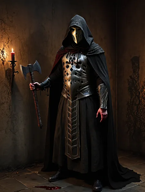 a gothic executioner in a dimly lit chamber, wearing a blood-stained black hood and cloak, holding a rusted axe. detailed cobweb...