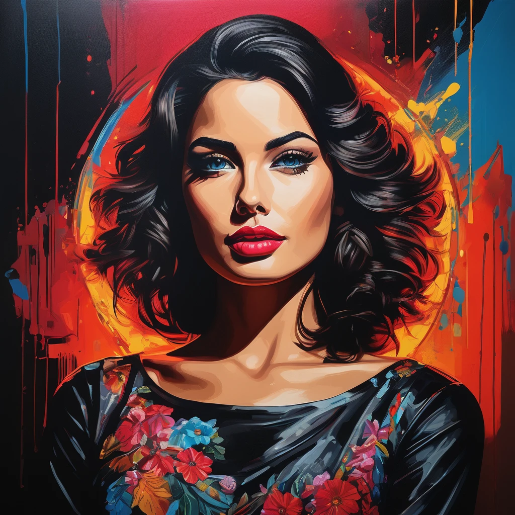 peinture couleur percutante du Portrait d&#39;une belle femme dans une pièce très détaillée,  couleurs vives , 8k,   POINTU,  professionnel, clair,   Contraste élevé, haute saturation, , noirs profonds et vifs, crystal clair