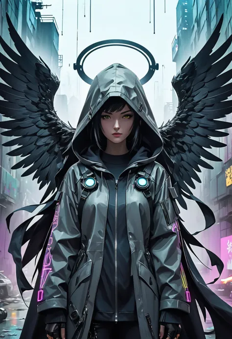 create an ultra-wide photo of an angel wearing a cyberpunk coat and hood, abstract post-apocalyptic background. the overall styl...