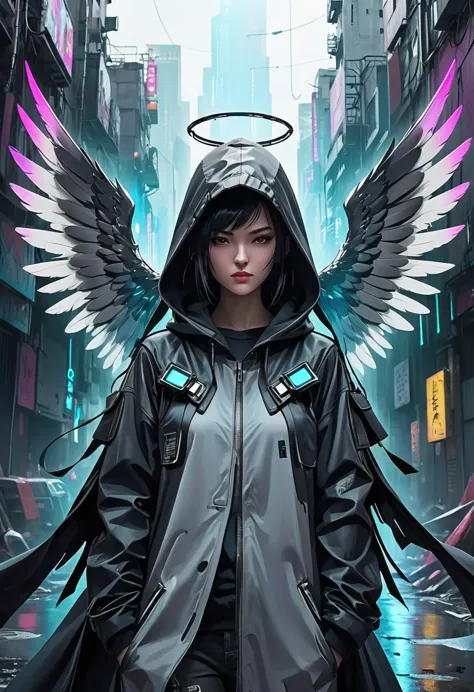 create an ultra-wide photo of an angel wearing a cyberpunk coat and hood, abstract post-apocalyptic background. the overall styl...