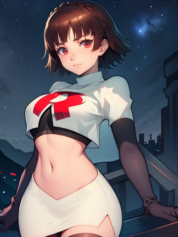 makoto nijima, blunt bangs, braid, brown hair, crown braid, (red eyes:1.3), short hair, team rocket uniform, red letter R, white skirt,white crop top,black thigh-high boots, black elbow gloves,evil smile, looking at viewer, cowboy shot, sexy pose, night sky background