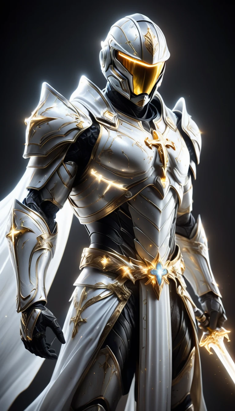 obras-primas, macho, Holy branco Knight, (branco and silver armor) Foto estilo ação, Cruz cristã prateada brilhante no peito feita de uma grande pedra preciosa no peito (Sacerdote de Batalha em uma armadura estilo warframe e halo empunhando uma espada de vidro com luz dourada radiante, emanando potente magia de luz dourada.), (foto de ação: brandindo espada de vidro radiante), (branco, esquema de cores prata e cristal), (5 joias no cinto), (grande cruz cristã no peito e abdômen), (efeitos mágicos de ouro), (meia capa prateada), branco and silver tabard (fundo de cor ouro sólido), (efeitos de fundo mágicos dourados), centrado, luta de tiro de corpo inteiro, cavaleiro de ficção científica, Chefe Mestre Halo, cores vibrantes, juntas de figura visíveis, tomada cinematográfica, Iluminação volumétrica, detalhe de padrão intrincado, Altamente detalhado