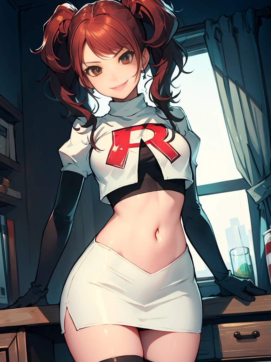 Rise Kujikawa (Persona) ,glossy lips ,team rocket uniform, red letter R, white skirt,white crop top,black thigh-high boots, black elbow gloves, evil smile, looking at viewer, cowboy shot