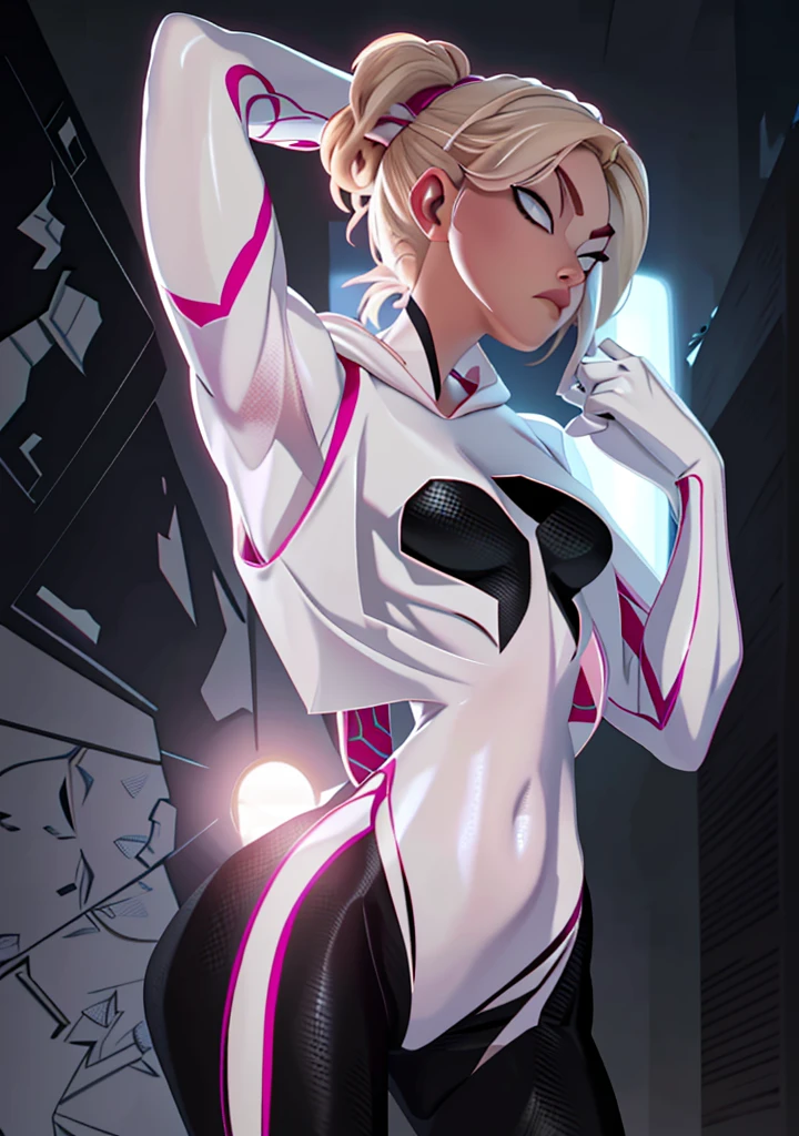 18yo SpiderGwen，White Spider-Man suit，short and wavy hair，blondehair，beautifulface，hoodie, action pose, lluvia，teto，The Masterpiece，exquisite detailing，Perfect anatomy，(huge muscles), best qulity，ultra-highresolution，4k