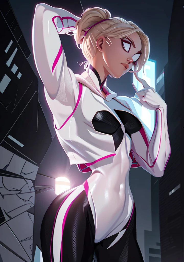 18yo SpiderGwen，White Spider-Man suit，short and wavy hair，blondehair，beautifulface，hoodie, action pose, lluvia，teto，The Masterpiece，exquisite detailing，Perfect anatomy，(huge muscles), best qulity，ultra-highresolution，4k