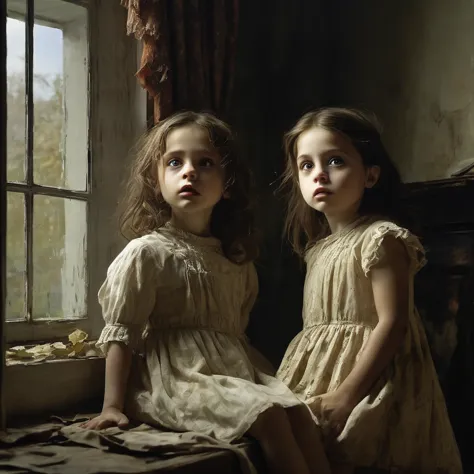 (masterpiece, Best quality:1.2), horror scene,  Children with BLACK eyes outside the window, a 