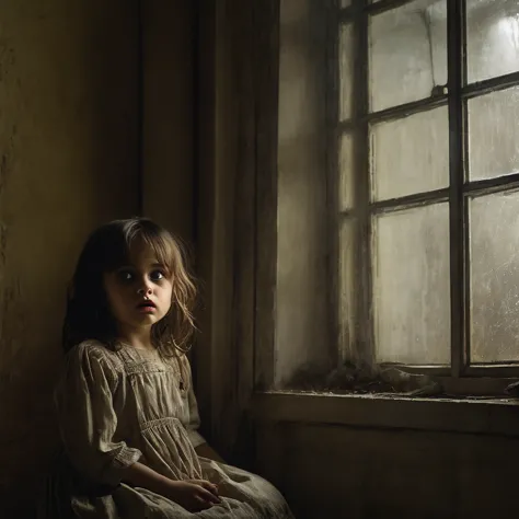 (masterpiece, Best quality:1.2), horror scene,  Children with BLACK eyes outside the window, a 