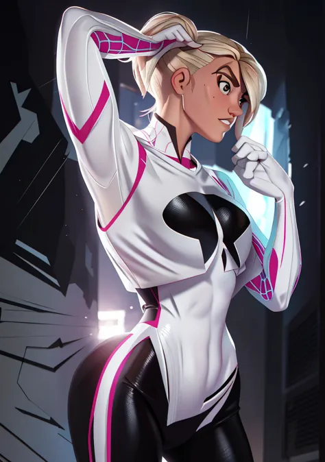 18yo SpiderGwen，White Spider-Man suit，short and wavy hair，blondehair，beautifulface，hoodie, action pose, lluvia，teto，The Masterpi...