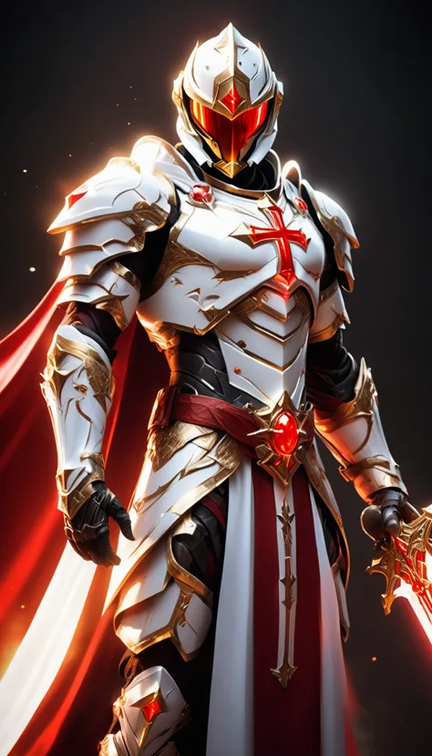 masterpieces, male, holy white knight, (white armor) action style shot, glowing red colored christian cross on chest made of a l...