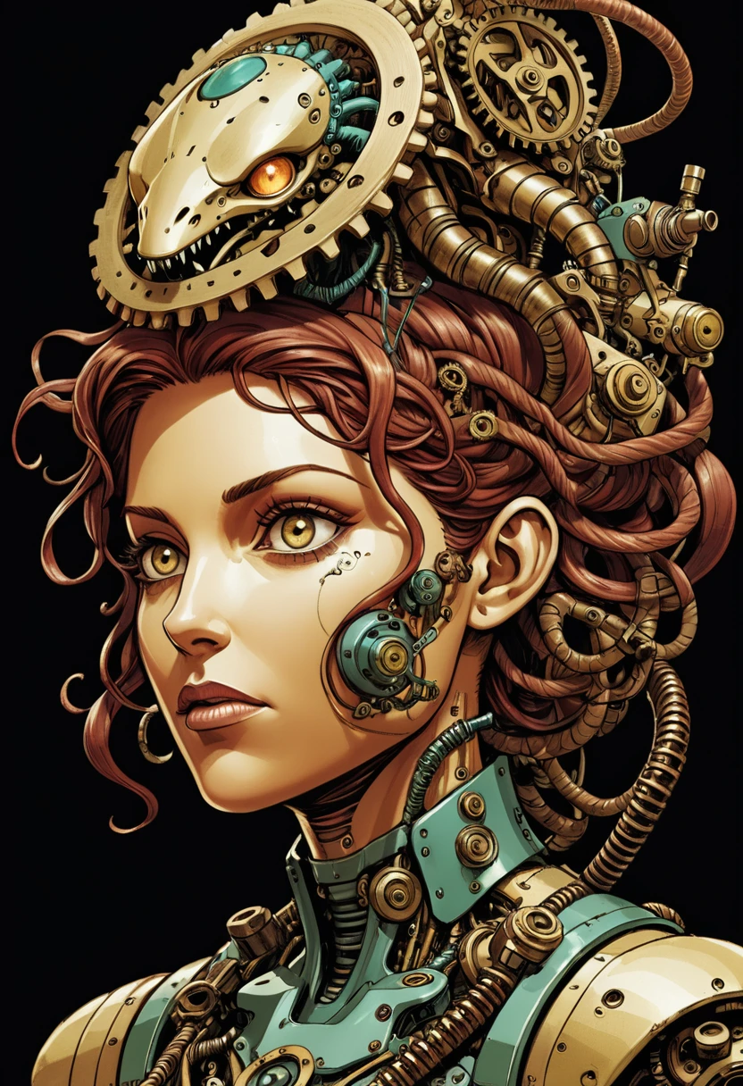 mechanical creature, medusa, mechanical snakes on head, mechanical medusa, splash page decompressed comic cover art, joelle jones style expressive ink comic, rich color grading, rotoscope hyperrealism, frederic delavier musculature anatomy detailed accurate precise illustration, internal mechanics of robotic marionette, cinematic, chiaroscuro lighting, surreal, slender, filled with steampunk gears and machinery, vertigo, overwhelming, intense, depth,
