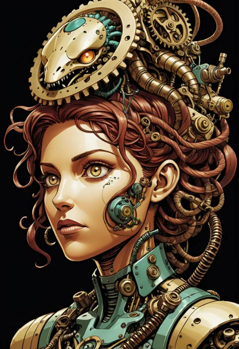 mechanical creature, medusa, mechanical snakes on head, mechanical medusa, splash page decompressed comic cover art, joelle jone...