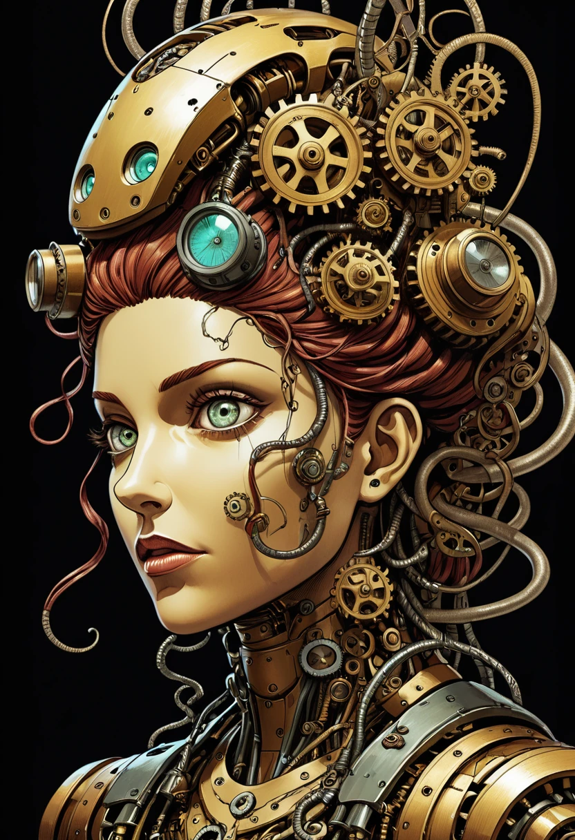 mechanical creature, medusa, mechanical snakes on head, mechanical medusa, splash page decompressed comic cover art, joelle jones style expressive ink comic, rich color grading, rotoscope hyperrealism, frederic delavier musculature anatomy detailed accurate precise illustration, internal mechanics of robotic marionette, cinematic, chiaroscuro lighting, surreal, slender, filled with steampunk gears and machinery, vertigo, overwhelming, intense, depth,
