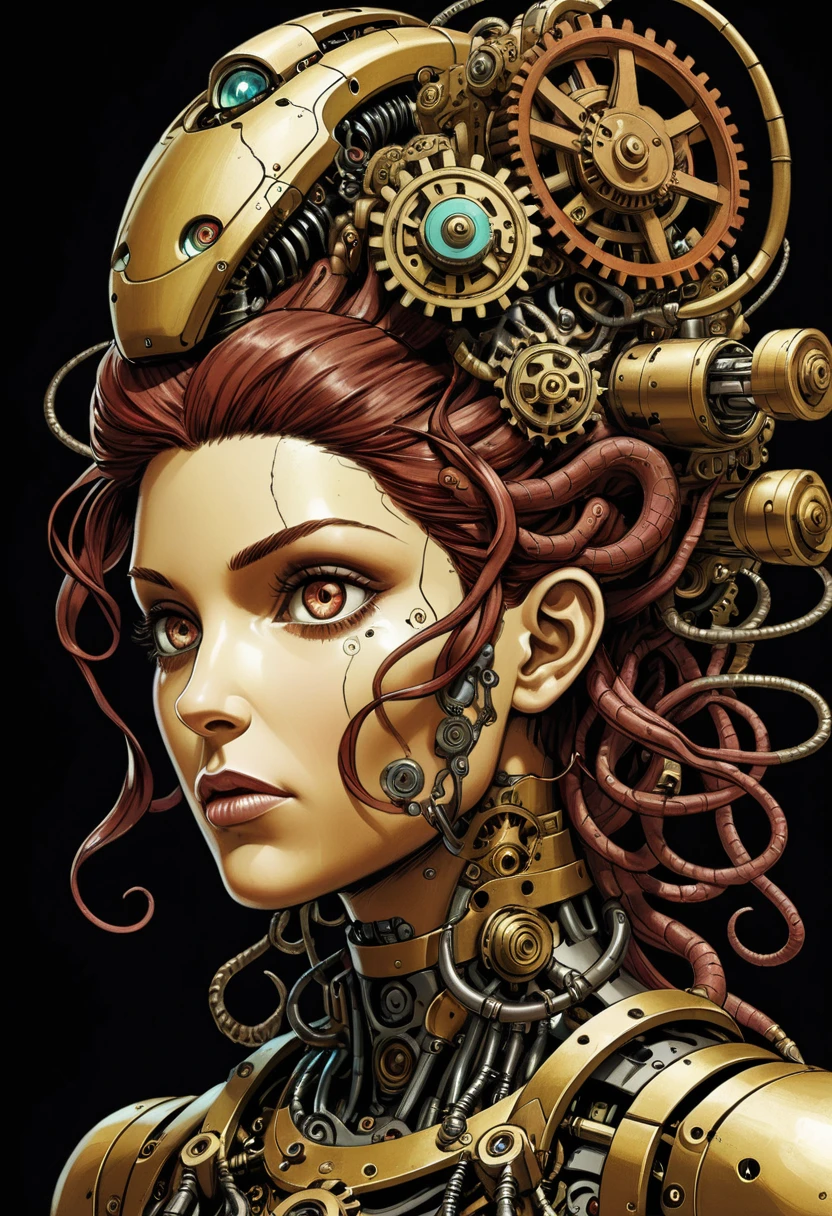 mechanical creature, medusa, mechanical snakes on head, mechanical medusa, splash page decompressed comic cover art, joelle jones style expressive ink comic, rich color grading, rotoscope hyperrealism, frederic delavier musculature anatomy detailed accurate precise illustration, internal mechanics of robotic marionette, cinematic, chiaroscuro lighting, surreal, slender, filled with steampunk gears and machinery, vertigo, overwhelming, intense, depth,
