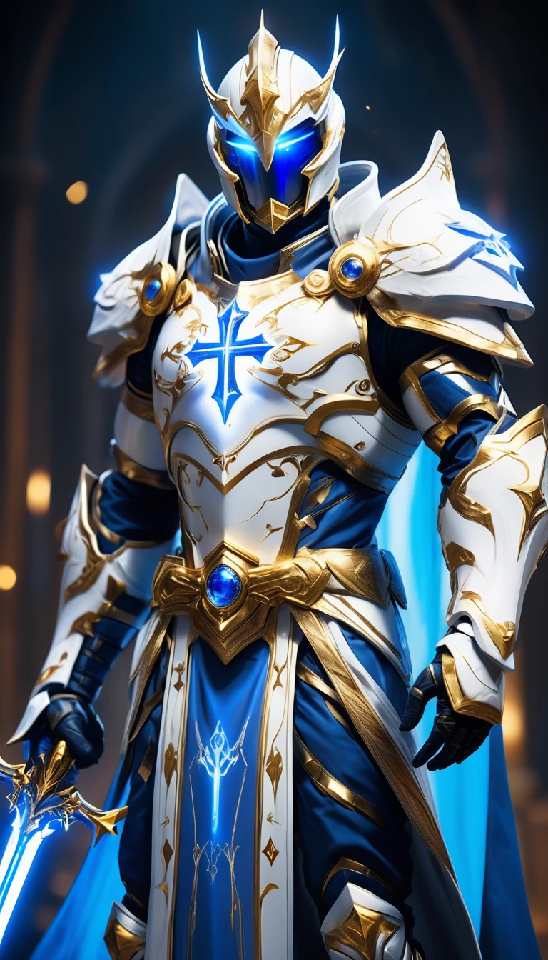 Masterpieces, male, Holy white Knight, (white armor) Action style shot, Glowing blue colored Christian cross on chest made of a large gem on chest (Battle Priest in a warframe and halo style armor wielding a glass sword with radiant blue light, emanating potent gold light magic.), (action shot: brandishing radiant glass sword), (white, blue and silver color scheme), (5 blue gems on belt), (large Christian cross on chest and abdomen), (blue magic effects), (blue half cape), white and blue tabard (solid gold color background), (gold magic background effects), centered, full body shot fighting, sci-fi knight, Halo master chief, vibrant colors, visible figure joints, cinematic shot, volumetric lighting, intricate pattern detail, highly detailed