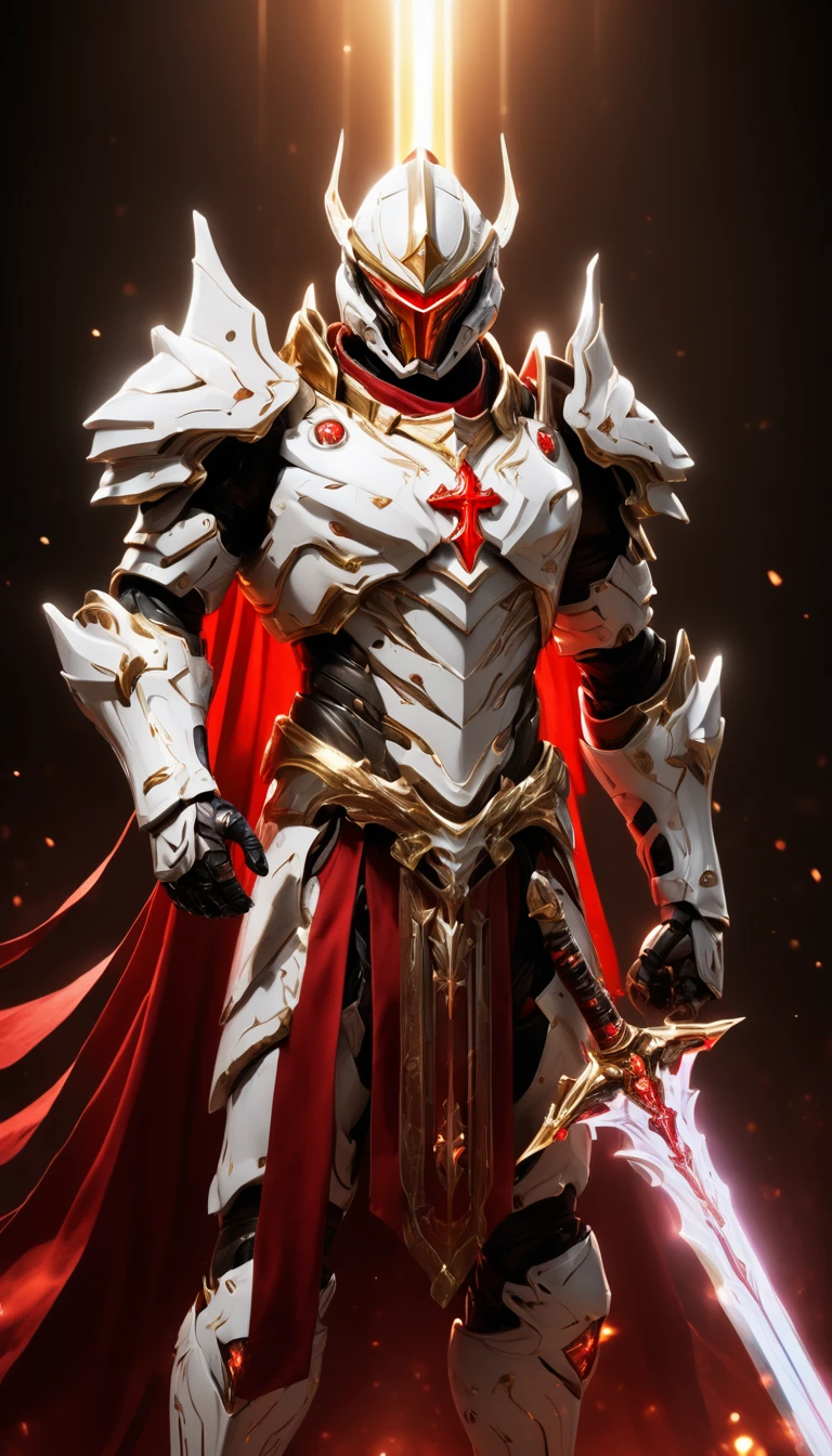 Masterpieces, male, Holy white Knight, (white armor) Action style shot, Glowing red colored Christian cross on chest made of a large gem on chest (Battle Priest in a warframe and halo style armor wielding a glass sword with radiant red light, emanating potent gold light magic.), (action shot: brandishing radiant glass sword), (white, red and silver color scheme), (5 red gems on belt), (large Christian cross on chest and abdomen), (red magic effects), (redhalf cape), white and red tabard (solid gold color background), (gold magic background effects), centered, full body shot fighting, sci-fi knight, Halo master chief, vibrant colors, visible figure joints, cinematic shot, volumetric lighting, intricate pattern detail, highly detailed