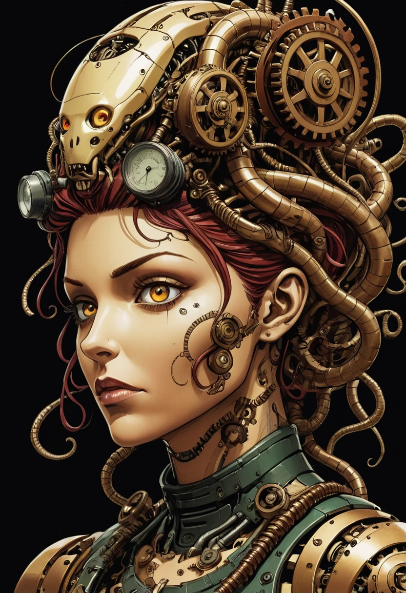 mechanical creature, medusa, mechanical snakes on head, mechanical medusa, splash page decompressed comic cover art, joelle jones style expressive ink comic, rich color grading, rotoscope hyperrealism, frederic delavier musculature anatomy detailed accurate precise illustration, internal mechanics of robotic marionette, cinematic, chiaroscuro lighting, surreal, slender, filled with steampunk gears and machinery, vertigo, overwhelming, intense, depth,
