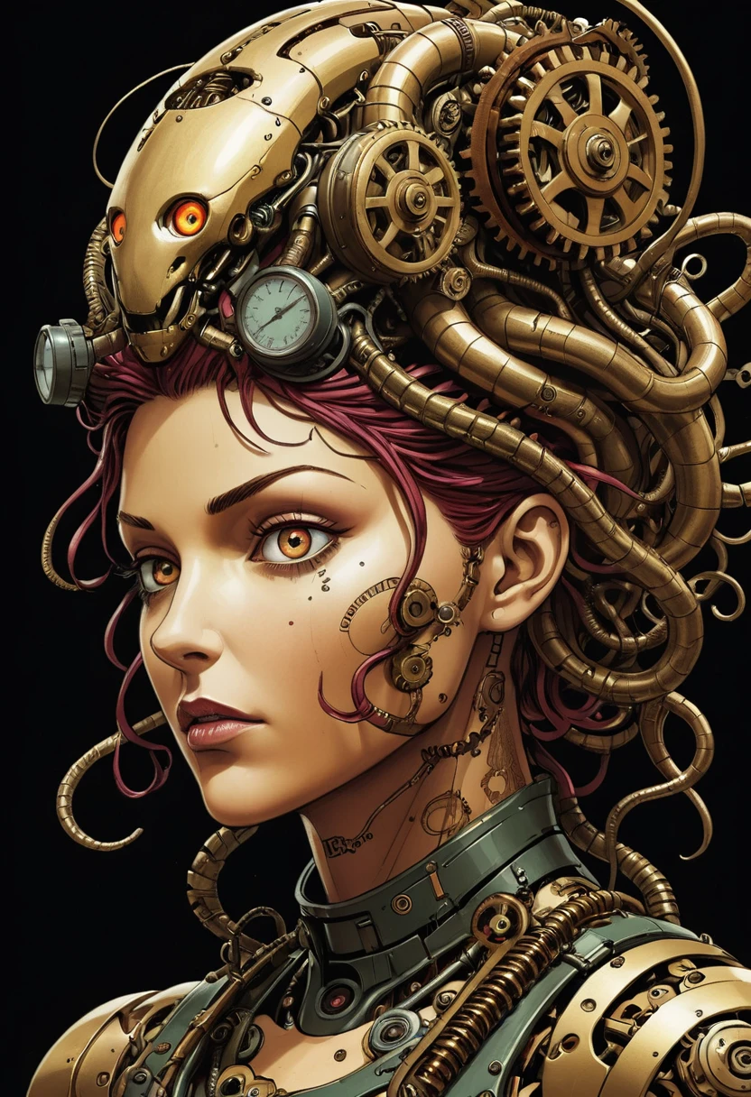 criatura mecánica, medusa, Serpientes mecánicas en la cabeza, Medusa mecánica, portada de cómic descomprimida de la página de presentación, cómic de tinta expresiva estilo joelle jones, gradación de colores ricos, rotoscope hyperrealism, frederic delavier musculatura anatomía detallada exacta ilustración precisa, Mecánica interna de la marioneta robótica, cinematográfico, chiaroscuro lighting, surreal, esbelto, lleno de engranajes y maquinaria steampunk, vértigo, abrumador, intense, profundidad,
