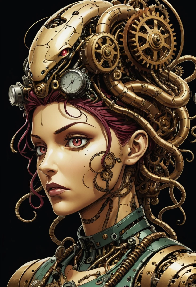 criatura mecánica, medusa, Serpientes mecánicas en la cabeza, Medusa mecánica, portada de cómic descomprimida de la página de presentación, cómic de tinta expresiva estilo joelle jones, gradación de colores ricos, rotoscope hyperrealism, frederic delavier musculatura anatomía detallada exacta ilustración precisa, Mecánica interna de la marioneta robótica, cinematográfico, chiaroscuro lighting, surreal, esbelto, lleno de engranajes y maquinaria steampunk, vértigo, abrumador, intense, profundidad,
