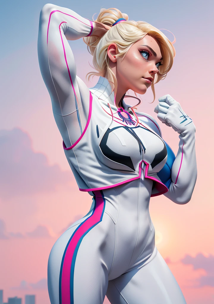 18yo SpiderGwen，White Spider-Man suit，short and wavy hair，blondehair，beautifulface，hoodie, action pose, lluvia，teto，The Masterpiece，exquisite detailing，Perfect anatomy，((((Huge Muscles)))),  best qulity，ultra-highresolution，4k