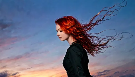 a photograph of a redhead woman with windswept tresses, her hair entangled like flames against a twilight sky, emanating untamed...