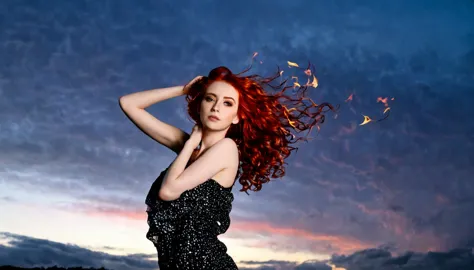 a photograph of a redhead woman with windswept tresses, her hair entangled like flames against a twilight sky, emanating untamed...