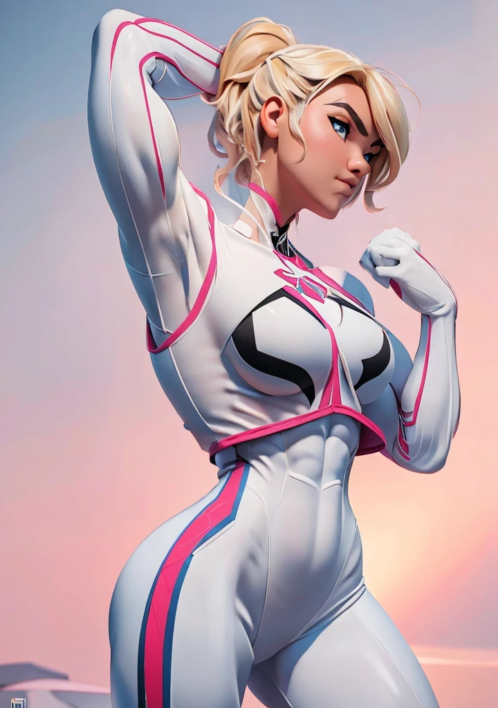 18yo SpiderGwen，White Spider-Man suit，short and wavy hair，blondehair，beautifulface，hoodie, action pose, lluvia，teto，The Masterpiece，exquisite detailing，Perfect anatomy，((((Huge Muscles)))),  best qulity，ultra-highresolution，4k