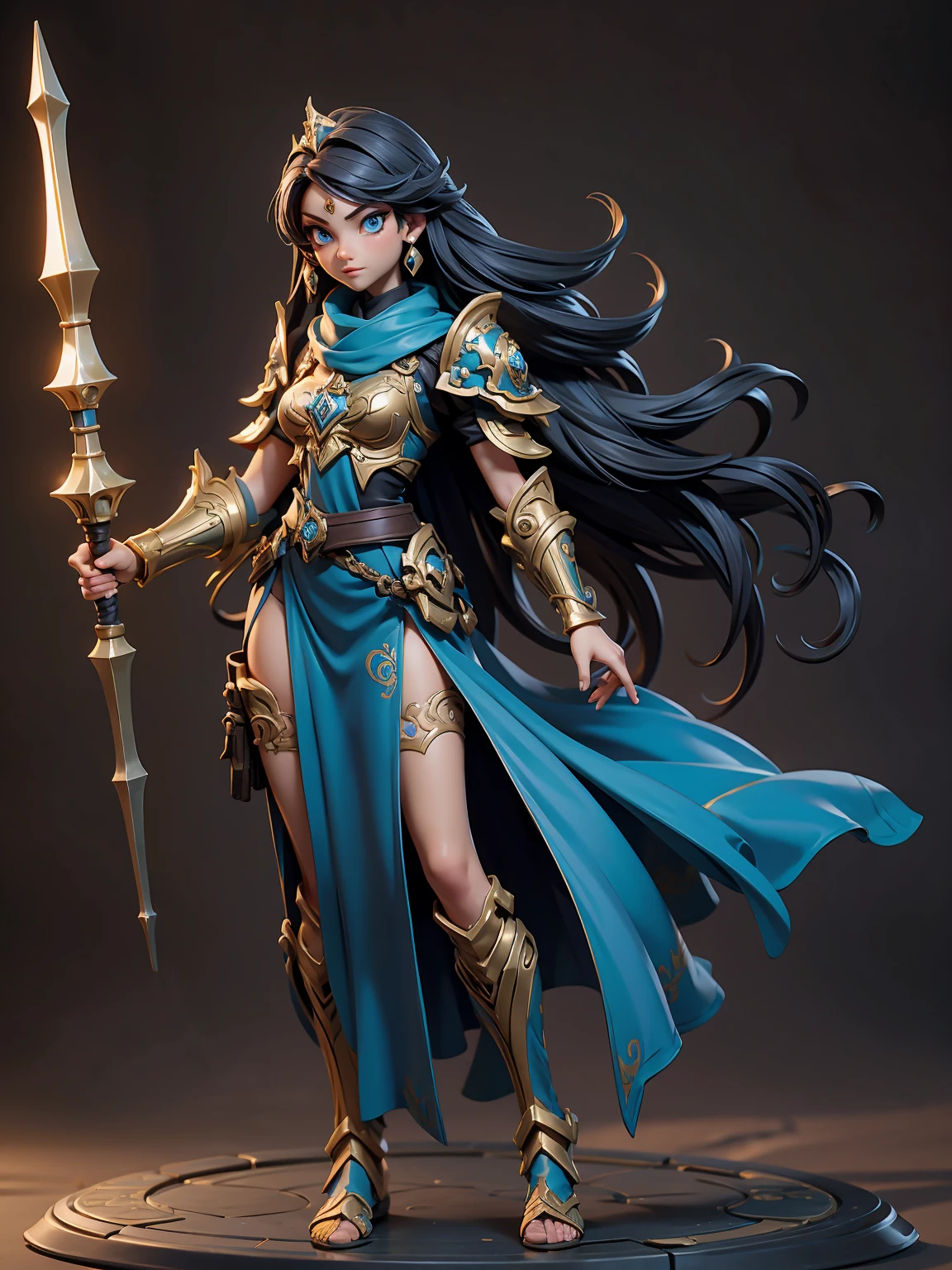 Design a layout showcase Gaming character, (1girl). A breathtakingly beautiful young slender female Paladin with long tied, flowing, black hair and intense blue eyes , wearing an ornate godly armor(extremely detailed:1.2) , wielding an ornate mace and shield ((full_body_shot:1.4)))
