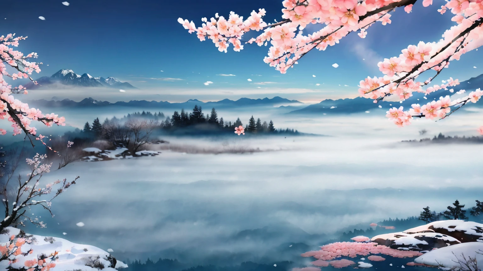 Flowers, snow, Mountains, Trees, Branches, soloist, Cherry blossoms, mist, landscape, 