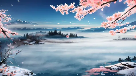 flowers, snow, mountains, trees, branches, soloist, cherry blossoms, mist, landscape,