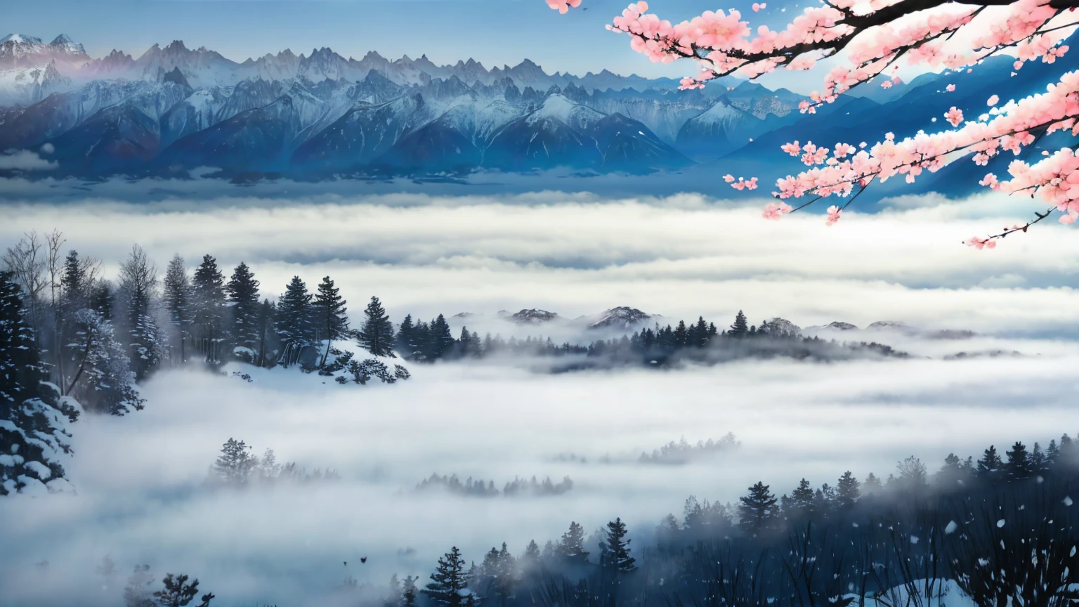 Flowers, snow, Mountains, Trees, Branches, soloist, Cherry blossoms, mist, landscape, 