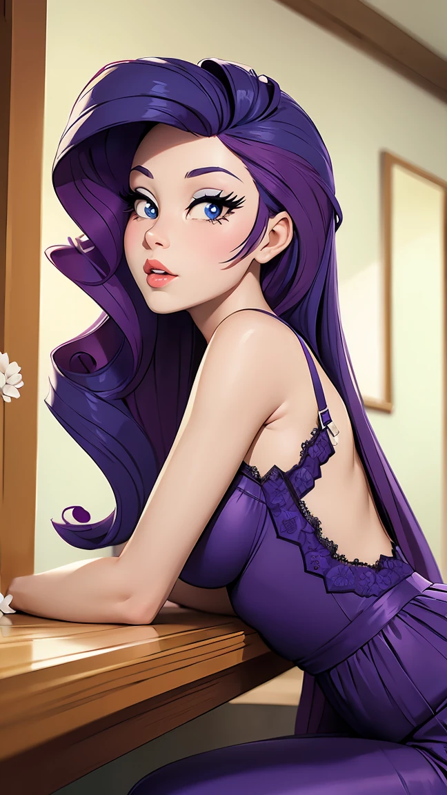 ((masterpiece)), ((Best Quality)), (detailed), perfect, Alone, rarity, beautiful woman, delicious lips, deep neckline, sexy, long purple hair, blue eyes, lace lingerie