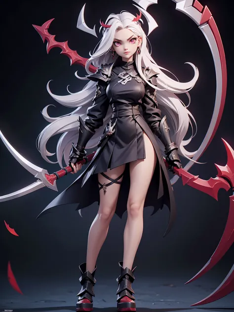 (((masterpiece, best quality, 16k))) female character with long white hair and piercing red eyes. she wears a demonic armor in p...