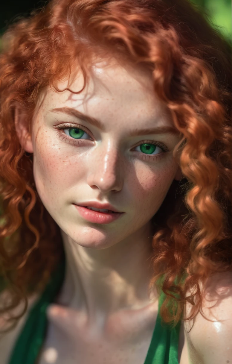 A superb photo of a Beautiful woman with curly red hair and green eyes, dans la jeune vingtaine, natural light, peau claire avec taches de rousseur, hyperdetailed face, ultra haute résolution, Photorealistic; True-to-life picture, natural skin, 8k,HDR, best quality, emerald green eyes, shadows real, Photorealistic, textured skin, detailed skin pores,
