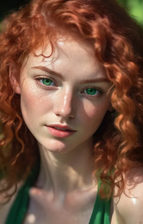 a superb photo of a beautiful woman with curly red hair and green eyes, dans la jeune vingtaine, natural light, peau claire avec...