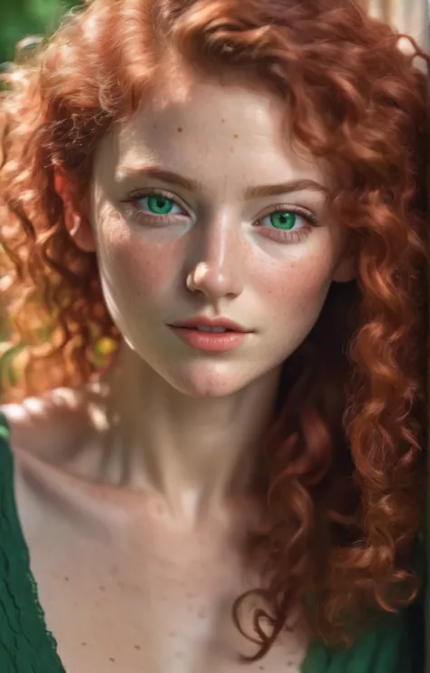 a superb photo of a beautiful woman with curly red hair and green eyes, dans la jeune vingtaine, natural light, peau claire avec...