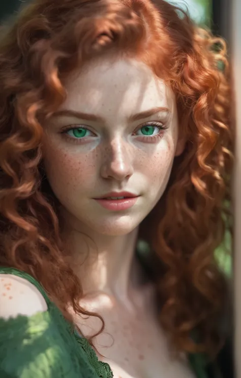 a superb photo of a beautiful woman with curly red hair and green eyes, dans la jeune vingtaine, natural light, freckled, hyperd...