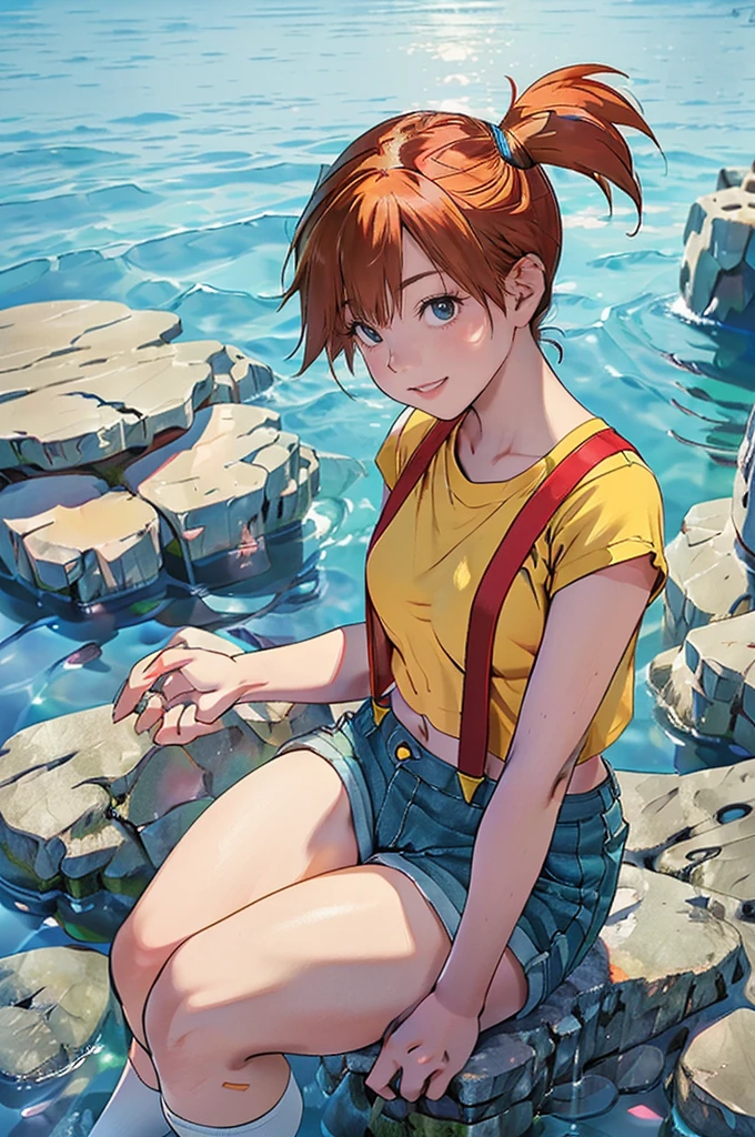 (masterpiece,Highest quality,In 8K,Very detailed,High resolution,Realistic:1.2), (Small plain yellow shirt, Red suspenders, Navy blue denim hot pants, Beautiful barefoot, White socks, Red sneakers:1.5), (Orange Hair, Short Side Tail:1.3),(Sitting with legs apart on rocks on a tropical beach:1.5),(Shooting from the thigh up:1.5),(Turn your face slightly to the side, View your audience:1.2), (18 year old Japanese female:1.3), (Lean upper body:1.3), (Thick thighs:1.3), (View of the subject from below:1.2), (Draw the details of the costume:1.3), smile, I can see your teeth, Eyelash extensions,Pink lipstick, Red teak