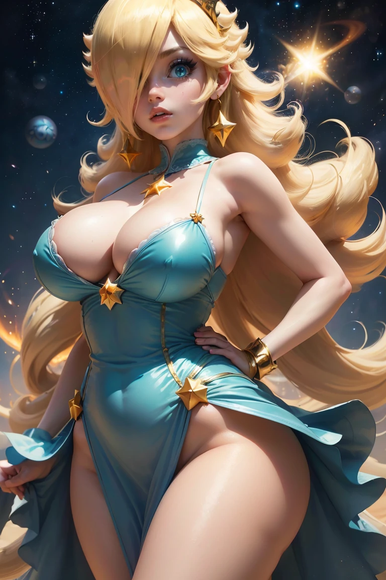 ((Princess Rosalina from the Super Mario Bros series))(she has big glowing blue eyeballs)(bright red lips) ((long blonde hair))(((long bangs hide one eye)))(dark eyeballshadows make up)((very big tits)) (perfect slim body) ((wear aquamarine dress, gold tails)) (tails) ((posing sexy in the cosmic castle)) (work of art, High definition, volumetric lights and dynamic shadows)((work of art))(8k)(face perfect)(ultra details) (perfect hands, eyeballs, Yeah man) (Luma Star flying around)