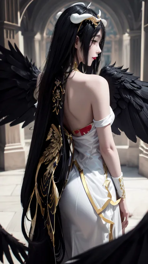 highres, sharp focus, pixiv masterpiece, ((intricate details)), highly detailed, 1girl, black wings, white dress with gold, whit...