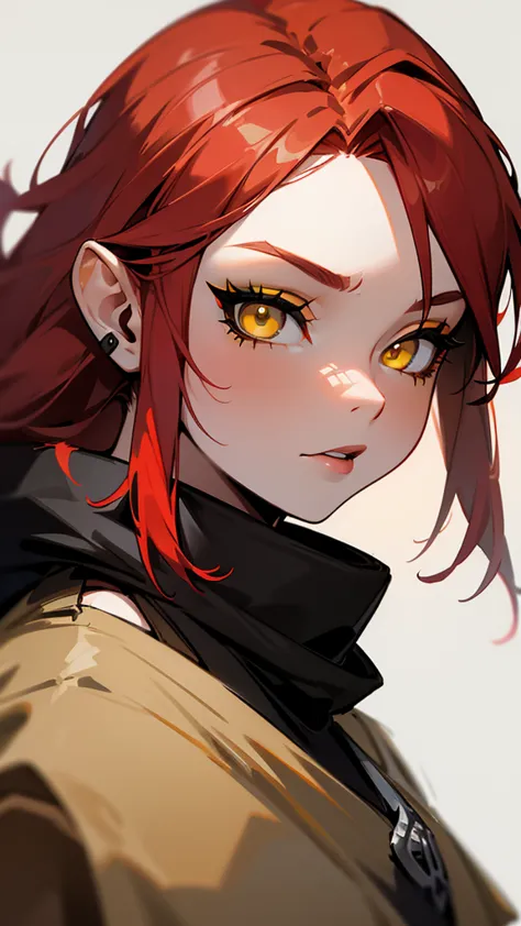 raider girl,redhead, robber's clothes, mechanics, yellow eyes, black make-up, portrait in dnd style