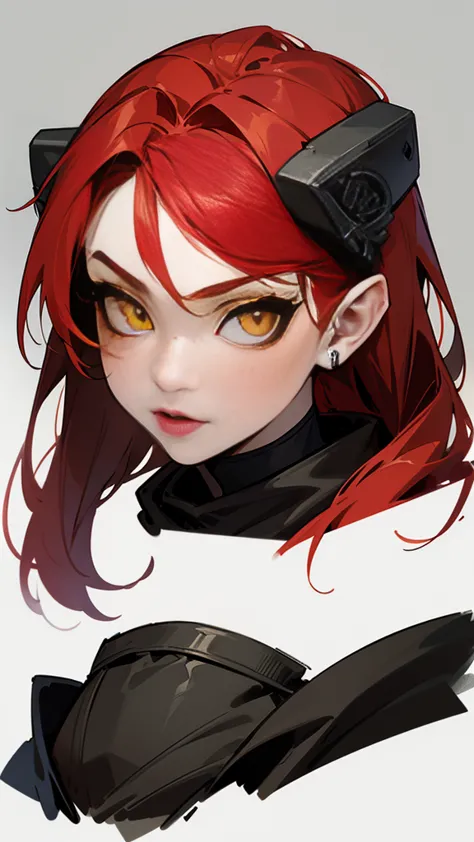 raider girl,redhead, robber's clothes, mechanics, yellow eyes, black make-up, portrait in dnd style