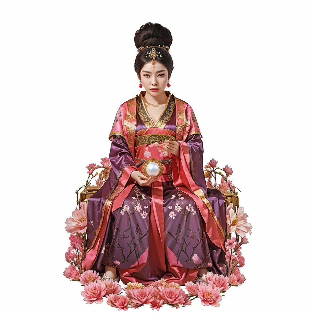 uma dama chinesa em traje antigo, empress robe, segurando uma pérola, deusa feminina sagrada, Cercado por flores cor de rosa