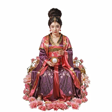 a Chinese lady in ancient costume, empress robe, holding a pearl, holy female deity, surrounded by pink flowers