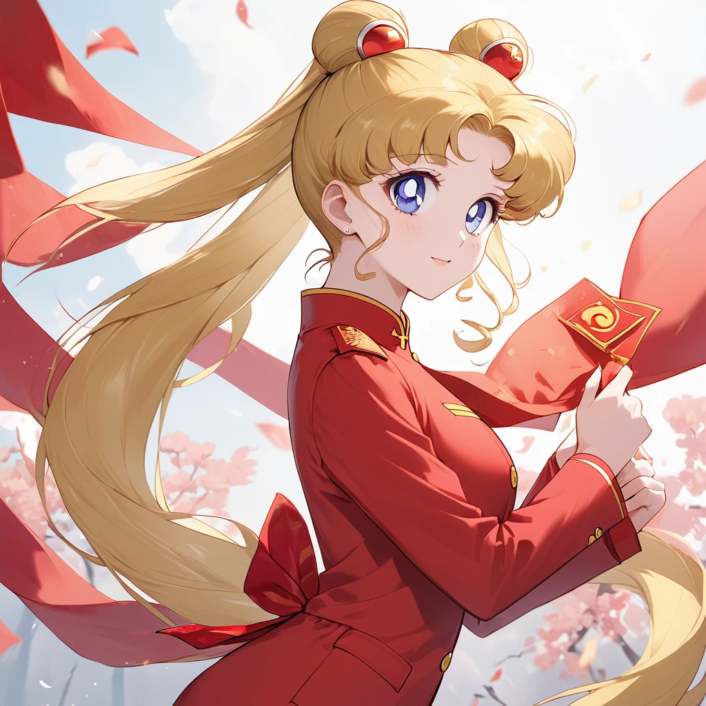 ((Highest quality)), ((masterpiece)), (detailed), （Perfect Face）、The woman is a Chinese girl named Tsukino Usagi. She has blue eyes, long blonde hair, and a twin-tailed chignon. She is wearing an engagement ring. She is a member of the glorious Chinese Communist Party and has sworn absolute loyalty to the Communist Party of China. She is a righteous Communist Party member of China.、The woman is wearing the khaki Mao suit of the Chinese Communist Party.、For the sake of China, their hairstyles, clothes, and everything they wear are all Chinese Communist Party items, and their thoughts are also Chinese, becoming great Chinese in body and mind.、The woman became the Chinese Tsukino Usagi, who was proud of China, loved it and devoted herself to it.、She is serving China as a member of the great Communist Party of China.、She is a beautiful, respectable and exemplary Communist.