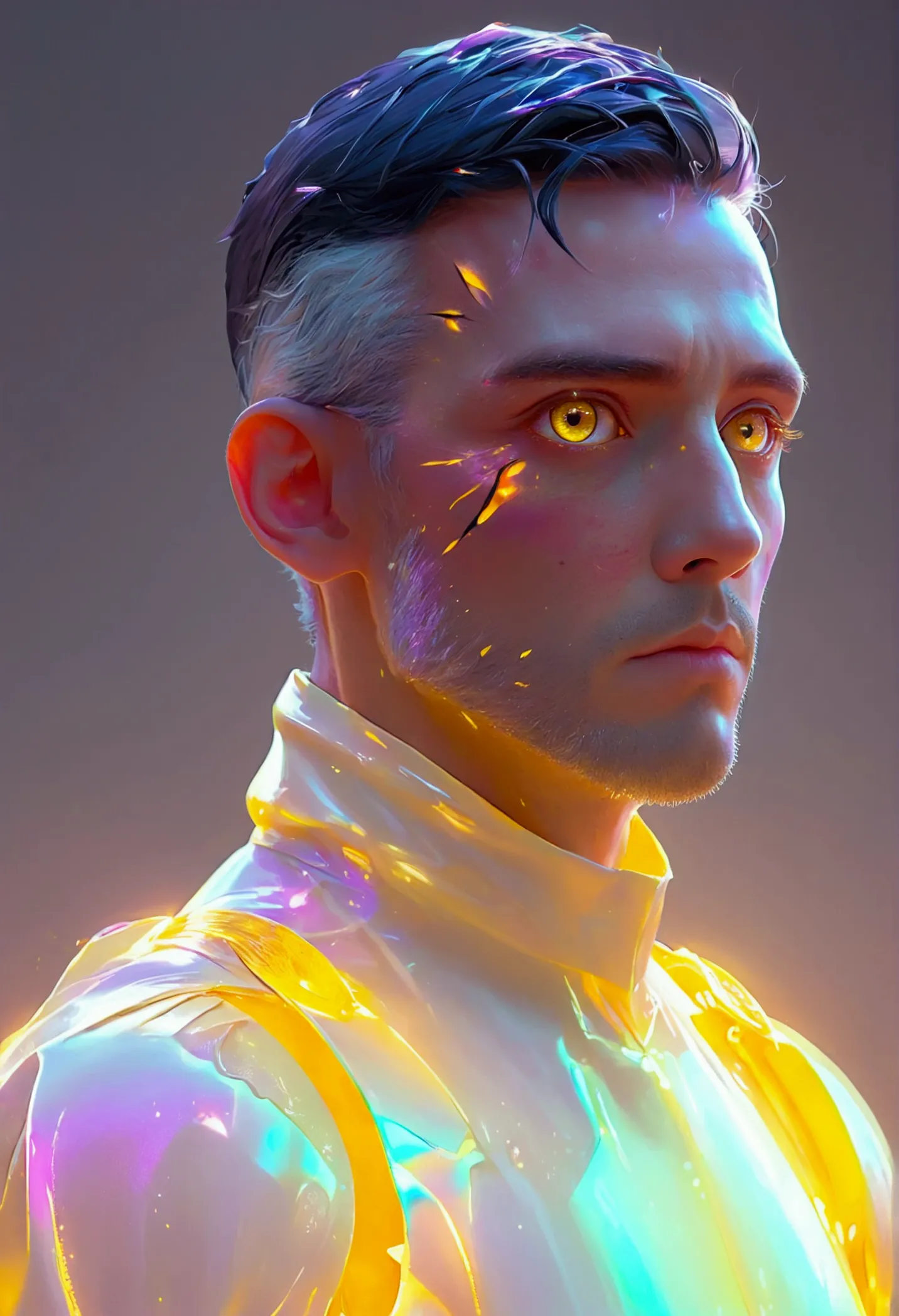 3d black purple gradient man,glowing yellow eyes concept art character, 8k trending on artstation, looking by his side not strai...