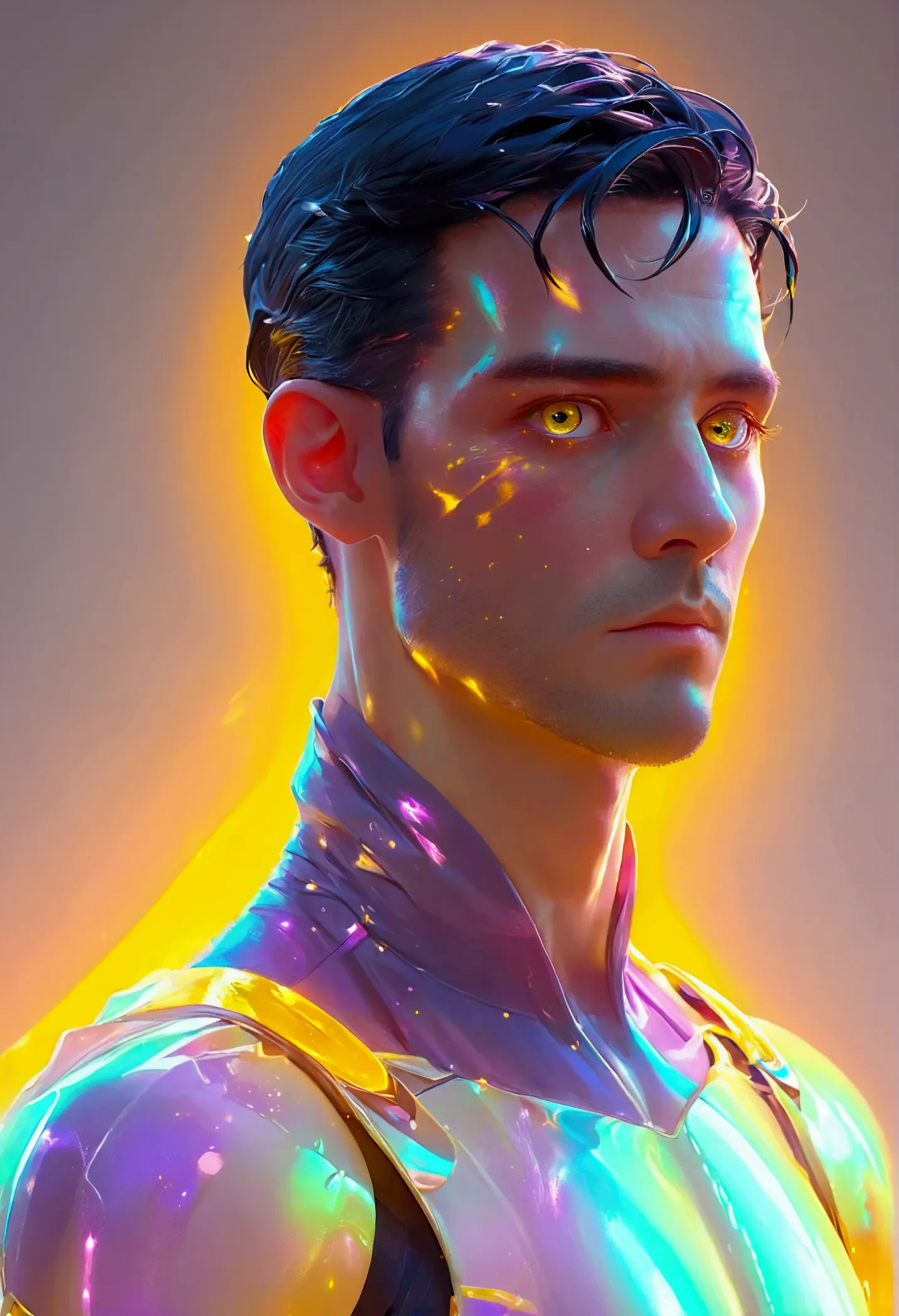 3d black purple gradient man,glowing yellow eyes concept art character, 8k trending on artstation, looking by his side not strai...