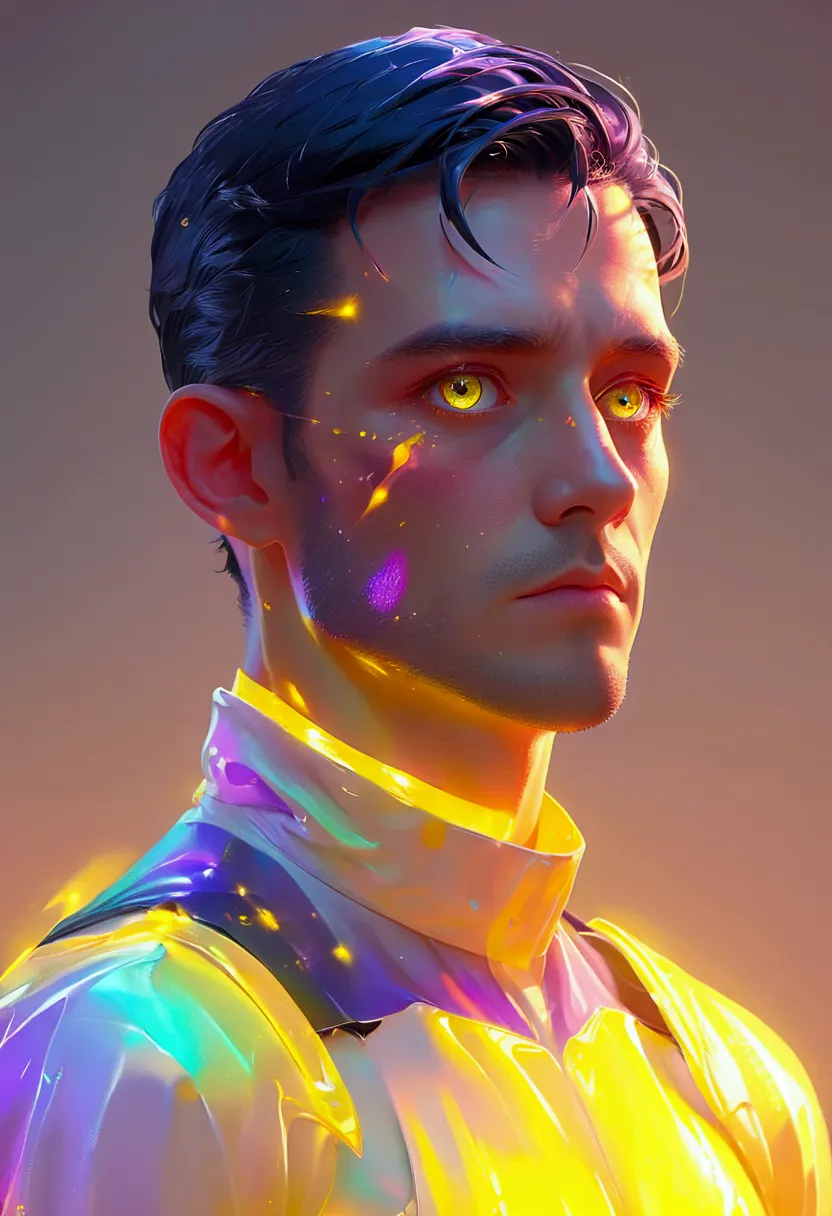 3d black purple gradient man,glowing yellow eyes concept art character, 8k trending on artstation, looking by his side not strai...