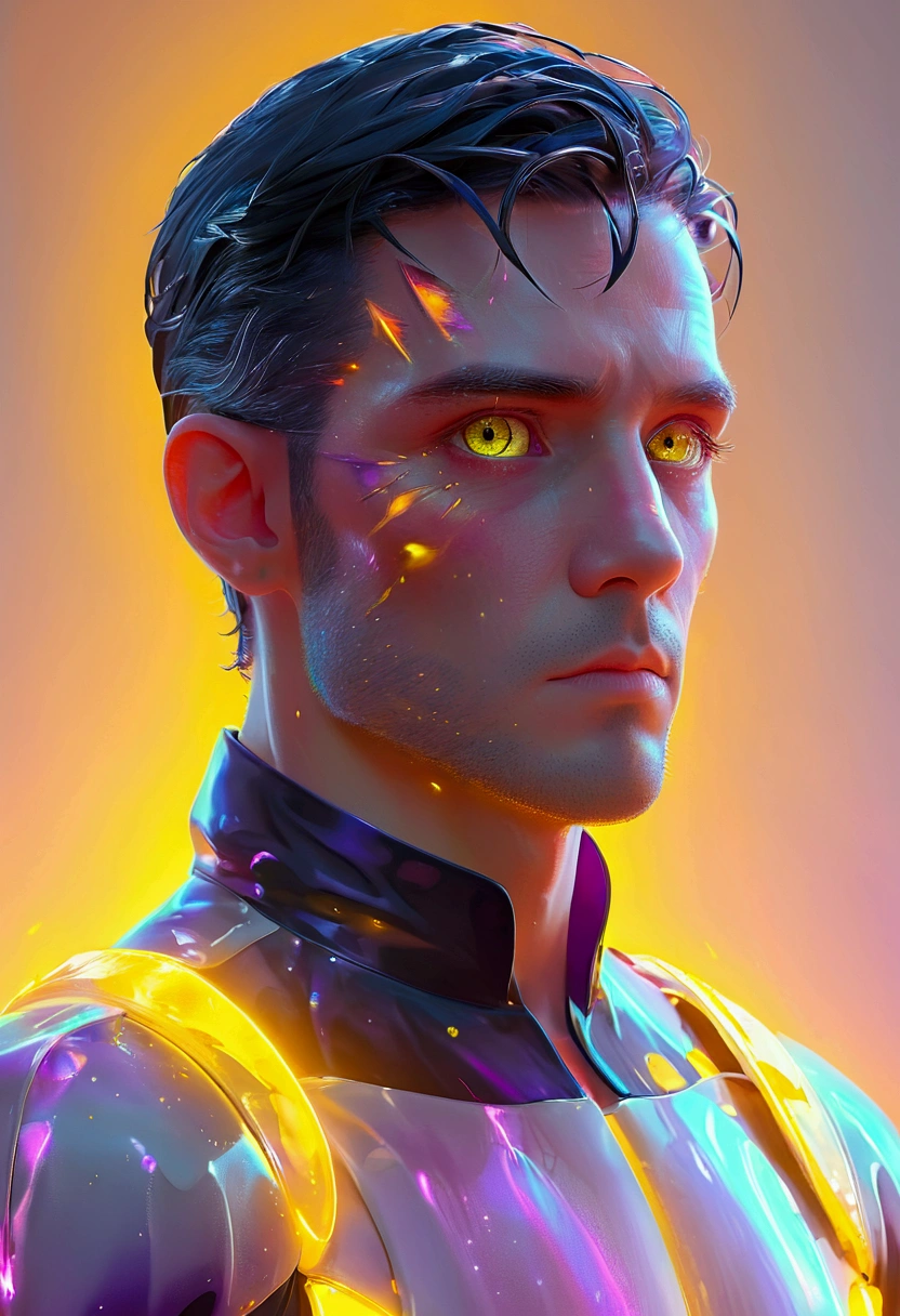 3d black purple gradient man,glowing yellow eyes concept art character, 8k trending on artstation, looking by his side not straight to camera